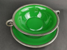 Load image into Gallery viewer, Antique Bowl and Plate Emerald Green Glass and Silver Pewter Metal Late 1800's - Early 1900's Original Hand Made