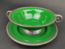 Load image into Gallery viewer, Antique Bowl and Plate Emerald Green Glass and Silver Pewter Metal Late 1800's - Early 1900's Original Hand Made