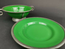 Load image into Gallery viewer, Antique Bowl and Plate Emerald Green Glass and Silver Pewter Metal Late 1800's - Early 1900's Original Hand Made