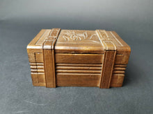 Load image into Gallery viewer, Antique Swiss Black Forest Wooden Puzzle Trick Box for Jewelry or Trinkets Novelty Travel Trunk Case Luggage Shaped Carved Wood