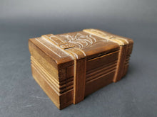 Load image into Gallery viewer, Antique Swiss Black Forest Wooden Puzzle Trick Box for Jewelry or Trinkets Novelty Travel Trunk Case Luggage Shaped Carved Wood
