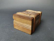 Load image into Gallery viewer, Antique Swiss Black Forest Wooden Puzzle Trick Box for Jewelry or Trinkets Novelty Travel Trunk Case Luggage Shaped Carved Wood