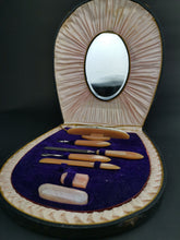 Load image into Gallery viewer, Vintage Manicure Tool Set in Original Case Box Art Deco Bakelite in Fitted Case Purple Velvet and Pink Silk Lined with Vanity Mirror Inside
