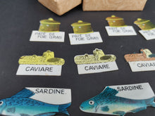 Load image into Gallery viewer, Vintage Celluloid Food Tag Labels Signs Set of 12 Caviar Sardine Pate de Foie Gras French