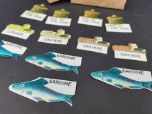 Load image into Gallery viewer, Vintage Celluloid Food Tag Labels Signs Set of 12 Caviar Sardine Pate de Foie Gras French