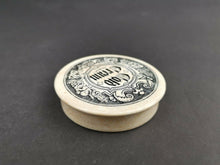 Load image into Gallery viewer, Antique Cold Cream Pot Jar Lid Ceramic Pottery Victorian 1800's Original Ornate Black and White