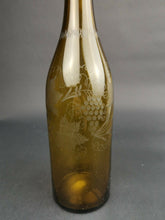 Load image into Gallery viewer, Antique Amber Glass Wine Decanter Bottle with Silver Top Stopper and Pourer Hand Blown with Etched Grapes