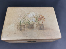 Load image into Gallery viewer, Vintage Jewelry or Trinket Box with Flowers in Planters on Top Wood and Canvas with Brass Closure