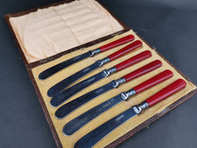 Load image into Gallery viewer, Vintage Cherry Red Bakelite Butter Knife Set in Original Presentation Box Case Set of 6 Knives Silver Plated EPNS 1930's Flatware Cutlery