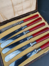 Load image into Gallery viewer, Vintage Cherry Red Bakelite Butter Knife Set in Original Presentation Box Case Set of 6 Knives Silver Plated EPNS 1930's Flatware Cutlery