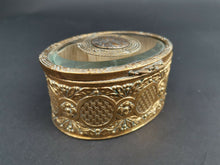 Load image into Gallery viewer, Antique Jewelry Box Gold Metal and Glass with Art Nouveau Lady in Top Victorian 1800's Original