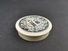 Load image into Gallery viewer, Antique Cold Cream Pot Jar Lid Ceramic Pottery Victorian 1800's Original Ornate Black and White