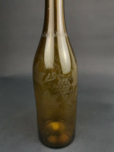 Load image into Gallery viewer, Antique Amber Glass Wine Decanter Bottle with Silver Top Stopper and Pourer Hand Blown with Etched Grapes