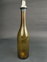 Load image into Gallery viewer, Antique Amber Glass Wine Decanter Bottle with Silver Top Stopper and Pourer Hand Blown with Etched Grapes