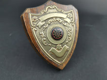 Load image into Gallery viewer, Vintage Darts Doubles Championship Shield Trophy Medal Award 1949 - 1950 W.O.L.D.L. Wood and Metal Relief with Enamel Dart Board