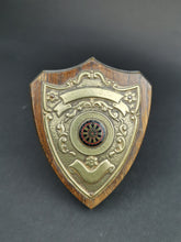 Load image into Gallery viewer, Vintage Darts Doubles Championship Shield Trophy Medal Award 1949 - 1950 W.O.L.D.L. Wood and Metal Relief with Enamel Dart Board