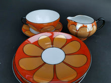 Load image into Gallery viewer, Vintage Luster Ware Cup Saucer Plate and Pitcher Jug Creamer Set Orange Black Gold Yellow and White Retro Flower Czechoslovakia