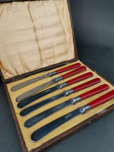 Load image into Gallery viewer, Vintage Cherry Red Bakelite Butter Knife Set in Original Presentation Box Case Set of 6 Knives Silver Plated EPNS 1930's Flatware Cutlery