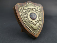 Load image into Gallery viewer, Vintage Darts Doubles Championship Shield Trophy Medal Award 1949 - 1950 W.O.L.D.L. Wood and Metal Relief with Enamel Dart Board