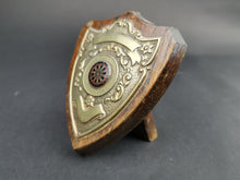 Load image into Gallery viewer, Vintage Darts Doubles Championship Shield Trophy Medal Award 1949 - 1950 W.O.L.D.L. Wood and Metal Relief with Enamel Dart Board