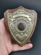 Load image into Gallery viewer, Vintage Darts Doubles Championship Shield Trophy Medal Award 1949 - 1950 W.O.L.D.L. Wood and Metal Relief with Enamel Dart Board