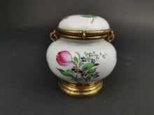 Load image into Gallery viewer, Vintage Lidded Pot Jar or Box Hand Painted Porcelain and Gold Metal with Top Handle