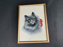 Load image into Gallery viewer, Vintage Blue Grey Cat Kitten Portrait Oil Painting on Board in Gold Gilt Frame Framed and Signed Dated 1964 Original Art