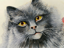 Load image into Gallery viewer, Vintage Blue Grey Cat Kitten Portrait Oil Painting on Board in Gold Gilt Frame Framed and Signed Dated 1964 Original Art