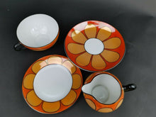 Load image into Gallery viewer, Vintage Luster Ware Cup Saucer Plate and Pitcher Jug Creamer Set Orange Black Gold Yellow and White Retro Flower Czechoslovakia