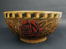 Load image into Gallery viewer, Vintage Wooden Bowl Hand Painted with Roses Penwork and Pyrography on Wood Rose Flowers Woodwork Carving 1920's - 1930's Art Deco