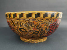 Load image into Gallery viewer, Vintage Wooden Bowl Hand Painted with Roses Penwork and Pyrography on Wood Rose Flowers Woodwork Carving 1920's - 1930's Art Deco