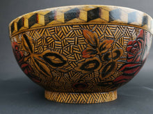 Load image into Gallery viewer, Vintage Wooden Bowl Hand Painted with Roses Penwork and Pyrography on Wood Rose Flowers Woodwork Carving 1920's - 1930's Art Deco