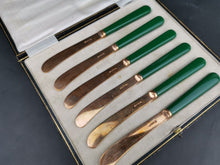 Load image into Gallery viewer, Vintage Butter Knife Cutlery Set of 6 Gold Plated and Green Bakelite in Original Fitted Presentation Case Box 1930's James Deakin England