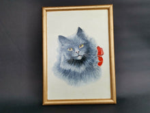 Load image into Gallery viewer, Vintage Blue Grey Cat Kitten Portrait Oil Painting on Board in Gold Gilt Frame Framed and Signed Dated 1964 Original Art