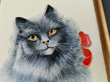 Load image into Gallery viewer, Vintage Blue Grey Cat Kitten Portrait Oil Painting on Board in Gold Gilt Frame Framed and Signed Dated 1964 Original Art