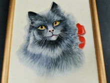 Load image into Gallery viewer, Vintage Blue Grey Cat Kitten Portrait Oil Painting on Board in Gold Gilt Frame Framed and Signed Dated 1964 Original Art