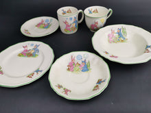 Load image into Gallery viewer, Vintage Alfred Meakin Pixie Ware Dishes Teacup Cup Mug Saucers Plate Bowl Set Ceramic Pottery Made in England 1950's Mid Century Original