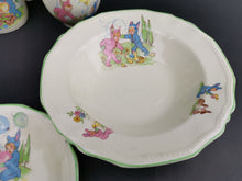 Load image into Gallery viewer, Vintage Alfred Meakin Pixie Ware Dishes Teacup Cup Mug Saucers Plate Bowl Set Ceramic Pottery Made in England 1950's Mid Century Original