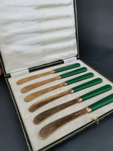 Load image into Gallery viewer, Vintage Butter Knife Cutlery Set of 6 Gold Plated and Green Bakelite in Original Fitted Presentation Case Box 1930's James Deakin England