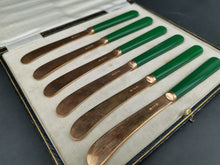 Load image into Gallery viewer, Vintage Butter Knife Cutlery Set of 6 Gold Plated and Green Bakelite in Original Fitted Presentation Case Box 1930's James Deakin England
