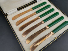 Load image into Gallery viewer, Vintage Butter Knife Cutlery Set of 6 Gold Plated and Green Bakelite in Original Fitted Presentation Case Box 1930's James Deakin England