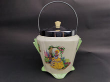 Load image into Gallery viewer, Vintage Biscuit Barrel Cookie Jar Art Deco Crinoline Lady 1920's - 1930's Ceramic Pottery Bakelite and Silver Chrome Metal Made in England