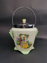 Load image into Gallery viewer, Vintage Biscuit Barrel Cookie Jar Art Deco Crinoline Lady 1920's - 1930's Ceramic Pottery Bakelite and Silver Chrome Metal Made in England