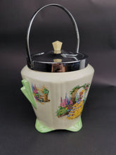 Load image into Gallery viewer, Vintage Biscuit Barrel Cookie Jar Art Deco Crinoline Lady 1920's - 1930's Ceramic Pottery Bakelite and Silver Chrome Metal Made in England