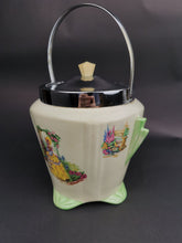 Load image into Gallery viewer, Vintage Biscuit Barrel Cookie Jar Art Deco Crinoline Lady 1920's - 1930's Ceramic Pottery Bakelite and Silver Chrome Metal Made in England