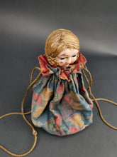 Load image into Gallery viewer, Vintage Pouch Purse with Celluloid Flapper Doll Inside Drawstring Bag 1920's Original