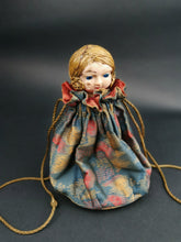 Load image into Gallery viewer, Vintage Pouch Purse with Celluloid Flapper Doll Inside Drawstring Bag 1920's Original