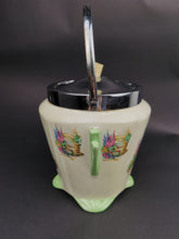 Load image into Gallery viewer, Vintage Biscuit Barrel Cookie Jar Art Deco Crinoline Lady 1920's - 1930's Ceramic Pottery Bakelite and Silver Chrome Metal Made in England