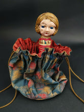 Load image into Gallery viewer, Vintage Pouch Purse with Celluloid Flapper Doll Inside Drawstring Bag 1920's Original