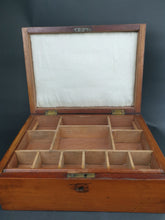 Load image into Gallery viewer, Antique Wooden Jewelry or Sewing Box with Lots of Compartments and Original Key Early 1900's Original